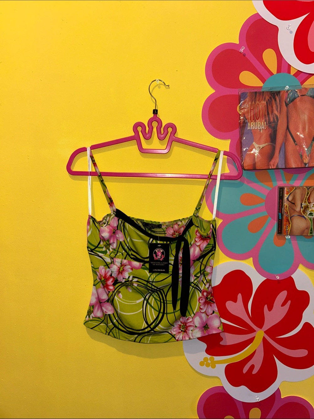 Epilogue Green Floral Spaghetti-Strap Cami with Pink Blooms